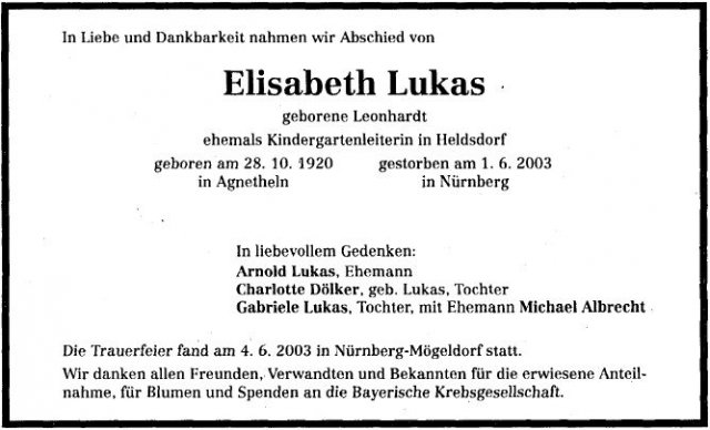 Leonhardt Elisabeth 1920-2003 Todesanzeige